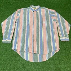 Vintage 90s Duck Head Striped Oxford Shirt XL Pink Blue Green Prep Fun Shirt